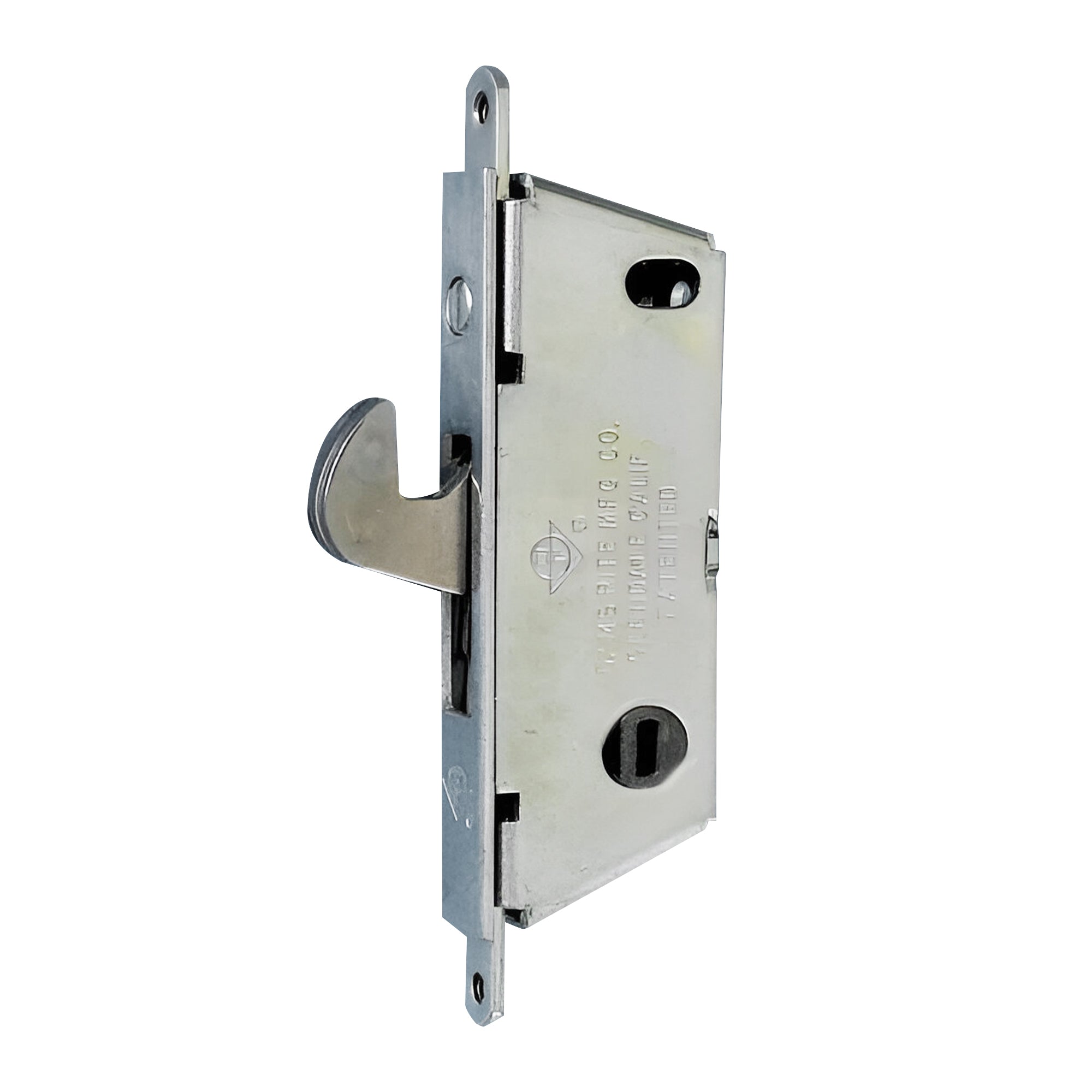Sliding Door Mortise Lock SQUARE face 45-degree with hook out and 3-11/16" Hole Spacing - Garage and Sliding Door Hardware